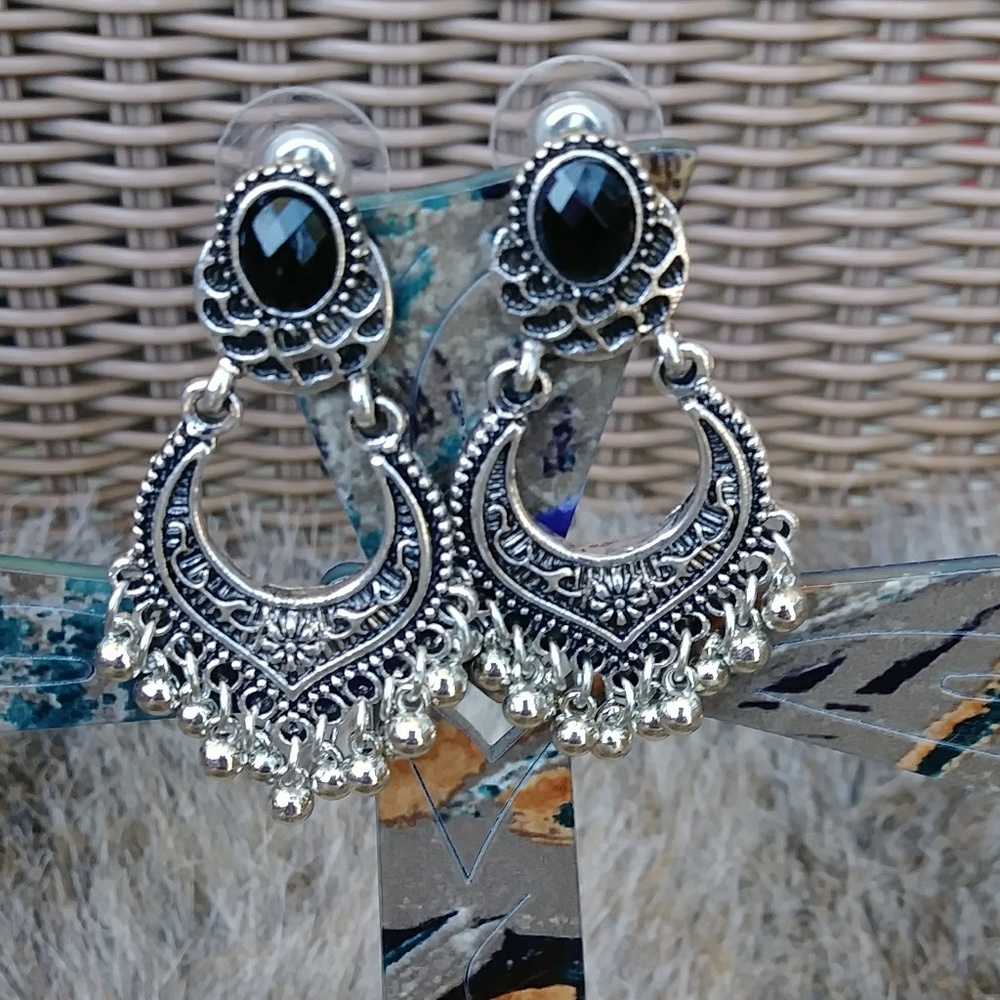 Vintage Boho Style Black and Silver Earrings